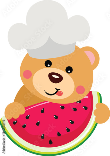 Teddy bear cook holding slice of fresh watermelon