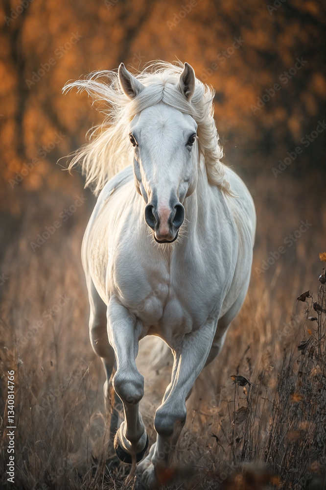 Obraz premium Beautiful white palomino stallion running in autumn meadow