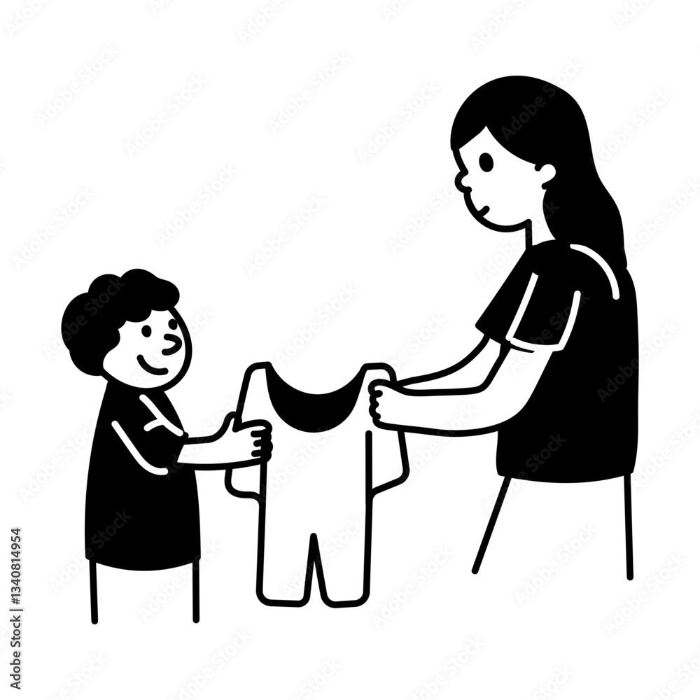 Hand drawn illustration of a mom dressing kid Hand drawn illustration of a mom dressing kid