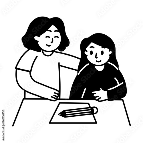 Mother helping kid with her homework, hand drawn illustration
