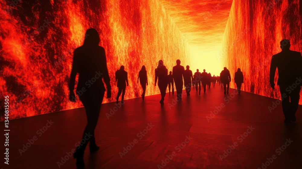 Fototapeta premium Silhouettes walk towards fiery light.