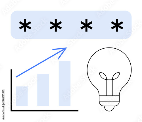 Bar chart with upward arrow, light bulb, and password field with asterisks suggest progress, ideas, and secure authentication. Ideal for technology, business, innovation, success security