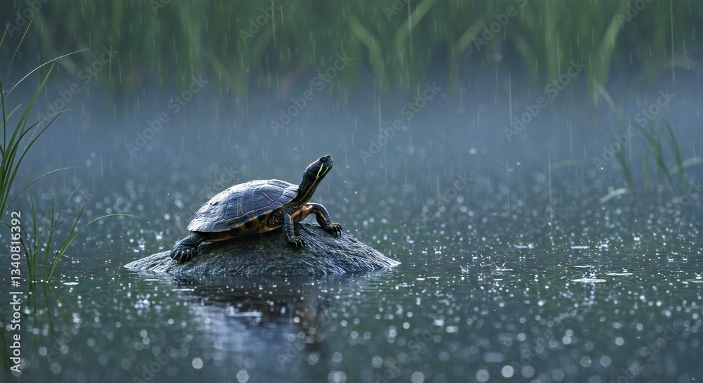Obraz premium A Pond Slider Rests on a Partially Submerged Rock in a Misty Wetland_