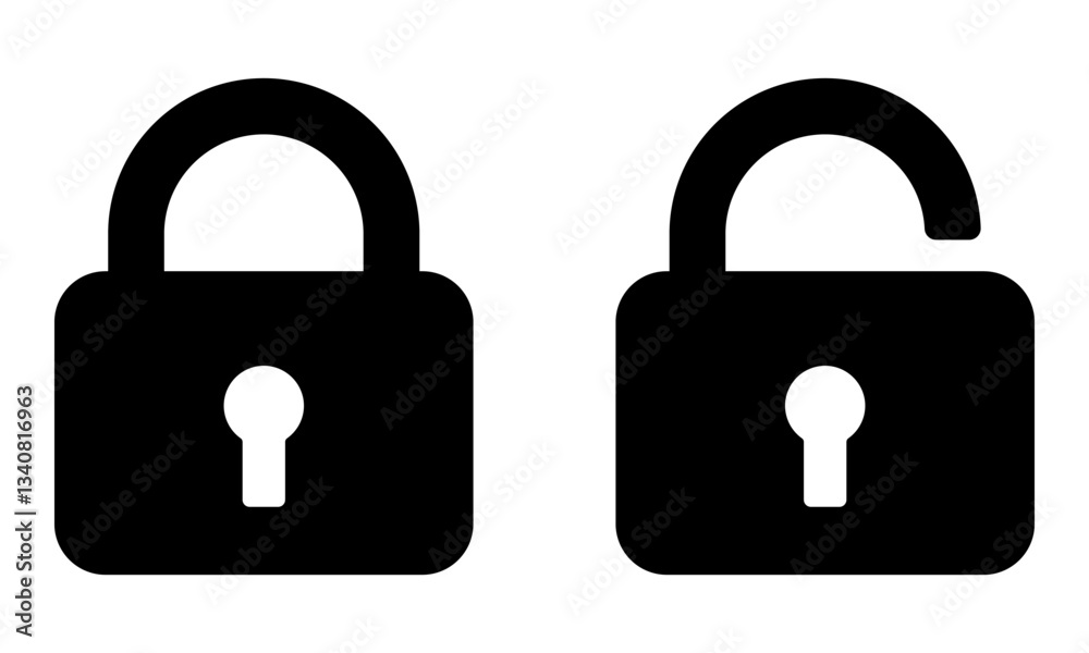 Lock and unlock icons. Simple black shapes. Closed and open padlock symbols. Safety and security concept. Flat vector graphic design illustration. Lock and unlock icons. Simple black shapes. Closed and open padlock symbols. Safety and security concept. Flat vector graphic design illustration.