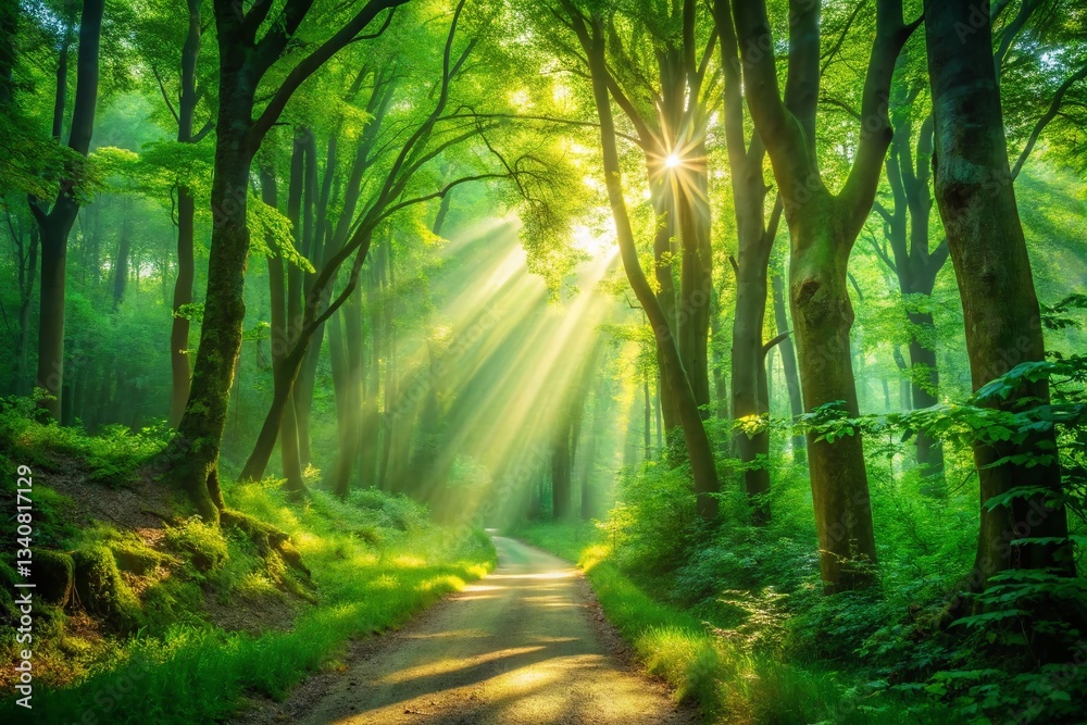 Obraz premium Sunlit Lush Green Forest Path: Nature Background with Sunlight Dappled Leaves & Trees
