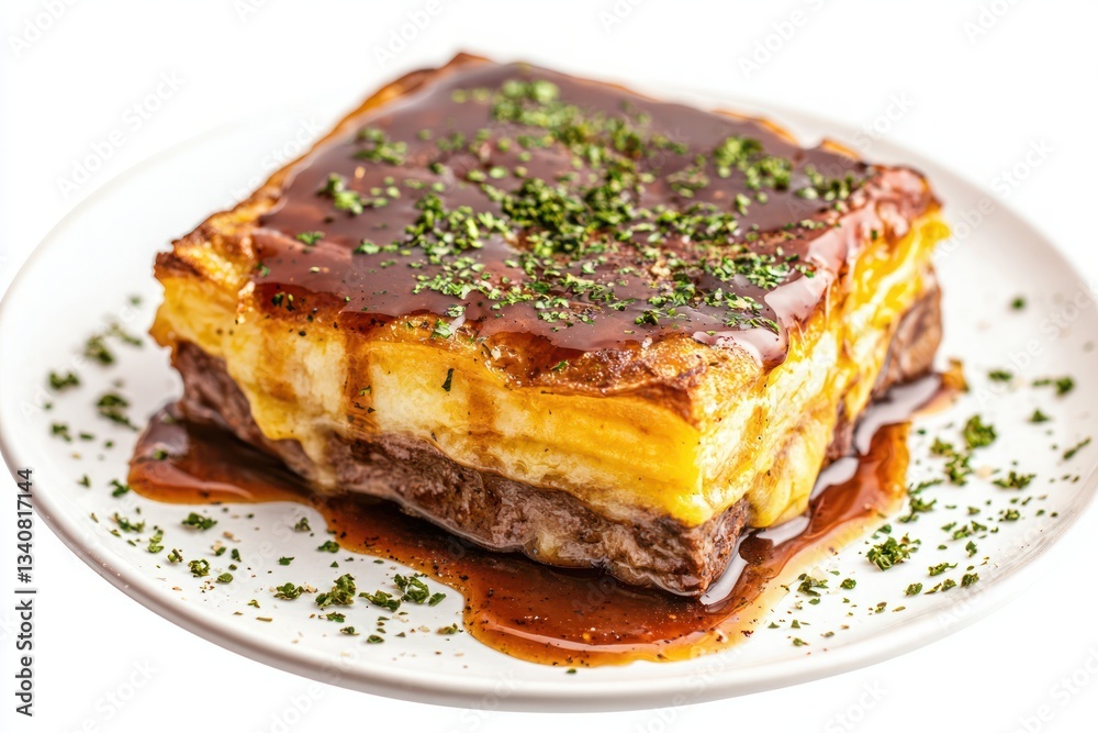 Hearty gourmet beef and potato lasagna with rich brown gravy and fresh herbs on a white plate delectable Hearty gourmet beef and potato lasagna with rich brown gravy and fresh herbs on a white plate delectable