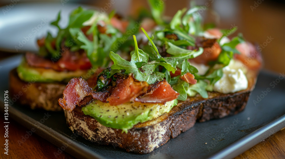 Avocado toast topped with greens and tomatoes served on a wooden table in a cozy dining space Avocado toast topped with greens and tomatoes served on a wooden table in a cozy dining space