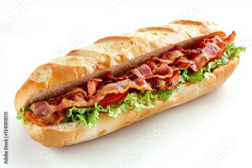 Delicious baguette sandwich filled with crispy bacon fresh lettuce and juicy tomato on white