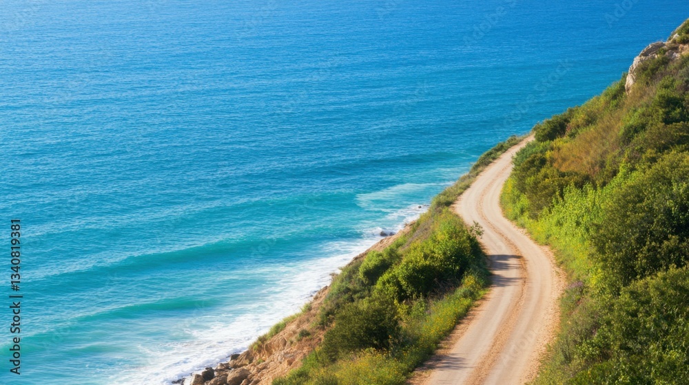 Coastal dirt road along cliff with ocean view and greenery Coastal dirt road along cliff with ocean view and greenery