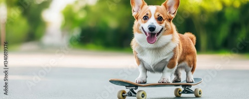 Pet play training skill concept. Cute corgi dog skateboarding outdoors with a joyful expression.