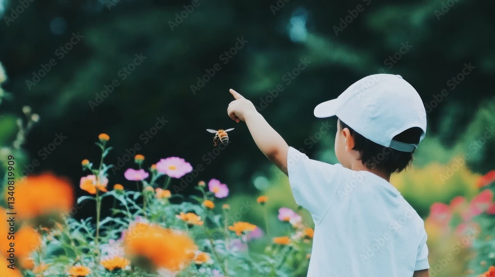 Young asian child observing bee in colorful garden Young asian child observing bee in colorful garden