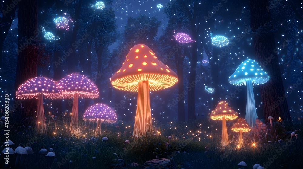 Naklejka premium A magical forest filled with glowing mushrooms, ethereal mist, and floating luminescent creatures