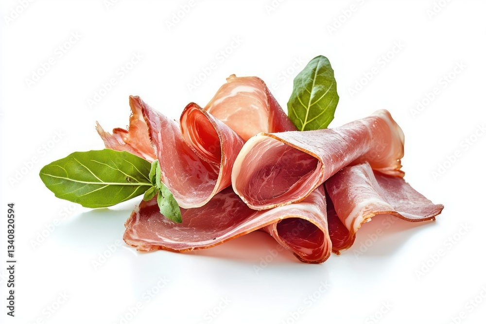 Exquisite Prosciutto Arrangement with Vibrant Basil Leaves on a Clean White Backdrop Studio Shot Exquisite Prosciutto Arrangement with Vibrant Basil Leaves on a Clean White Backdrop Studio Shot