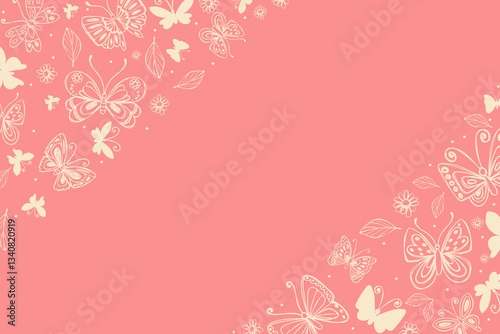 Hand Drawn Butterfly Frame Isolated on Pink Background. Butterfly silhouettes. Doodle insects and chamomile flowers. Elegant botanical design perfect for invitations, banners, web, prints, covers.