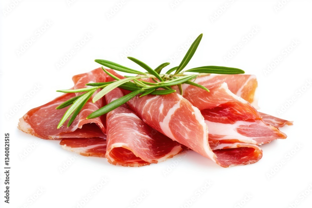 Artistic Stack of Prosciutto Slices with Fresh Rosemary Sprigs on White Serene Backdrop Studio Shot Artistic Stack of Prosciutto Slices with Fresh Rosemary Sprigs on White Serene Backdrop Studio Shot