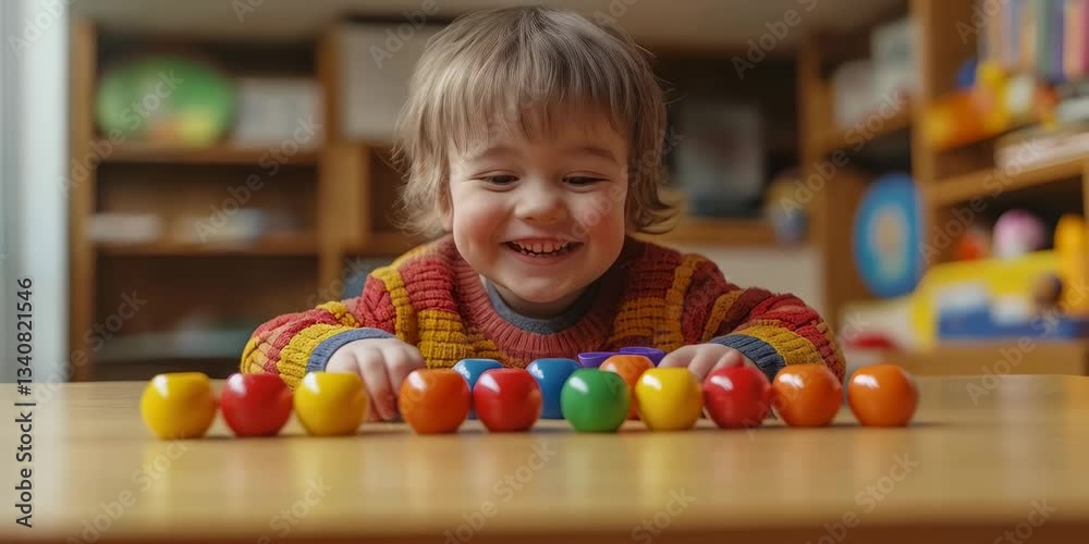 Young child smiles while playing with colorful toy balls in a cozy classroom setting during daytime Young child smiles while playing with colorful toy balls in a cozy classroom setting during daytime