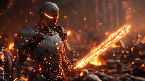 A robotic knight wielding a plasma sword, standing in a battlefield filled with fallen mechanical warriors