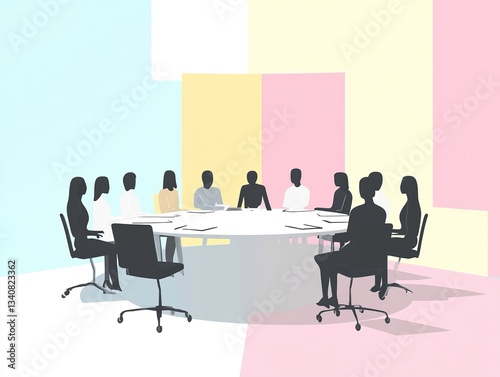 Flat design team meeting scene featuring silhouette figures gathered around a circular table, complemented by pastel color blocks and ample white space. Ideal for themes of collaboration