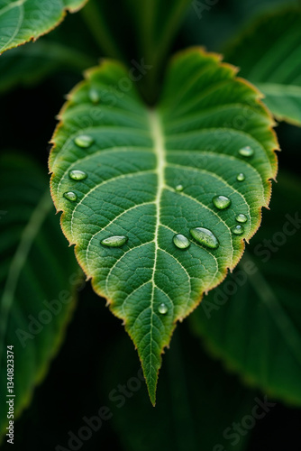Green Leaf with Dew Drops in Focus, created with generative AI technology	

