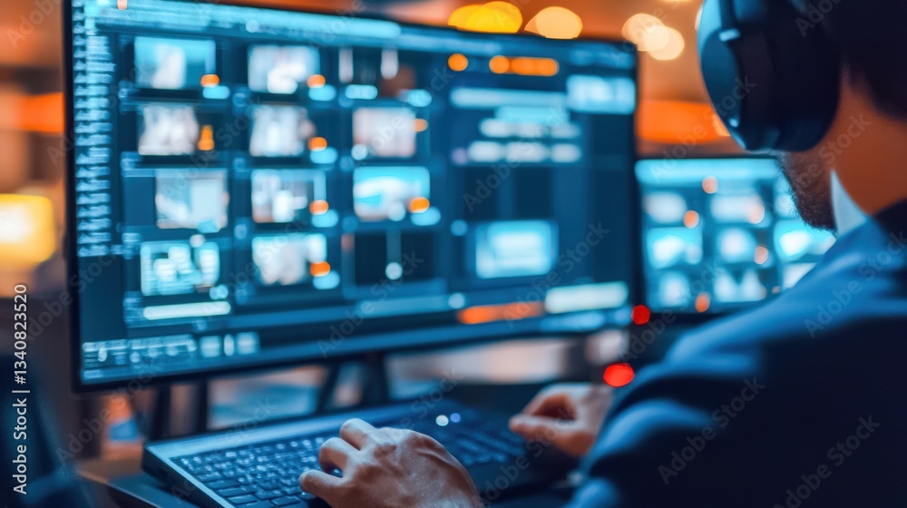 A focused man editing video content on dual monitors with a keyboard and headphones in a vibrant, tech-driven environment. A focused man editing video content on dual monitors with a keyboard and headphones in a vibrant, tech-driven environment.