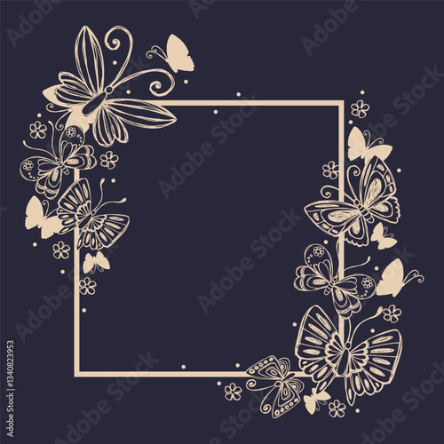 Elegant Frame with Hand Drawn Butterflies. Butterfly silhouettes. Doodle insects and chamomile flowers. Elegant botanical design perfect for invitations, banners, web, prints, covers.