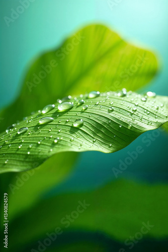 Green Leaf with Dew Drops in Focus, created with generative AI technology	
