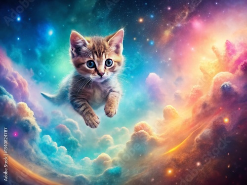 Surreal Adorable Kitten Portrait: Floating in a Dreamy Galaxy