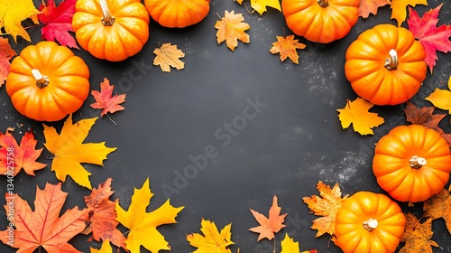 Autumnal Still Life: Pumpkins and Maple Leaves on Dark Background
