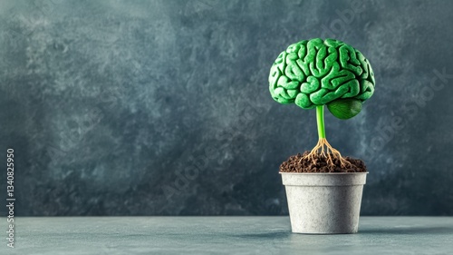 A surreal image of a green brain-shaped plant growing in a pot, symbolizing creativity and intellect against a textured backdrop.