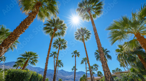 Wallpaper Mural Palm trees sway gently under a bright sun in a clear blue sky over mountains Torontodigital.ca