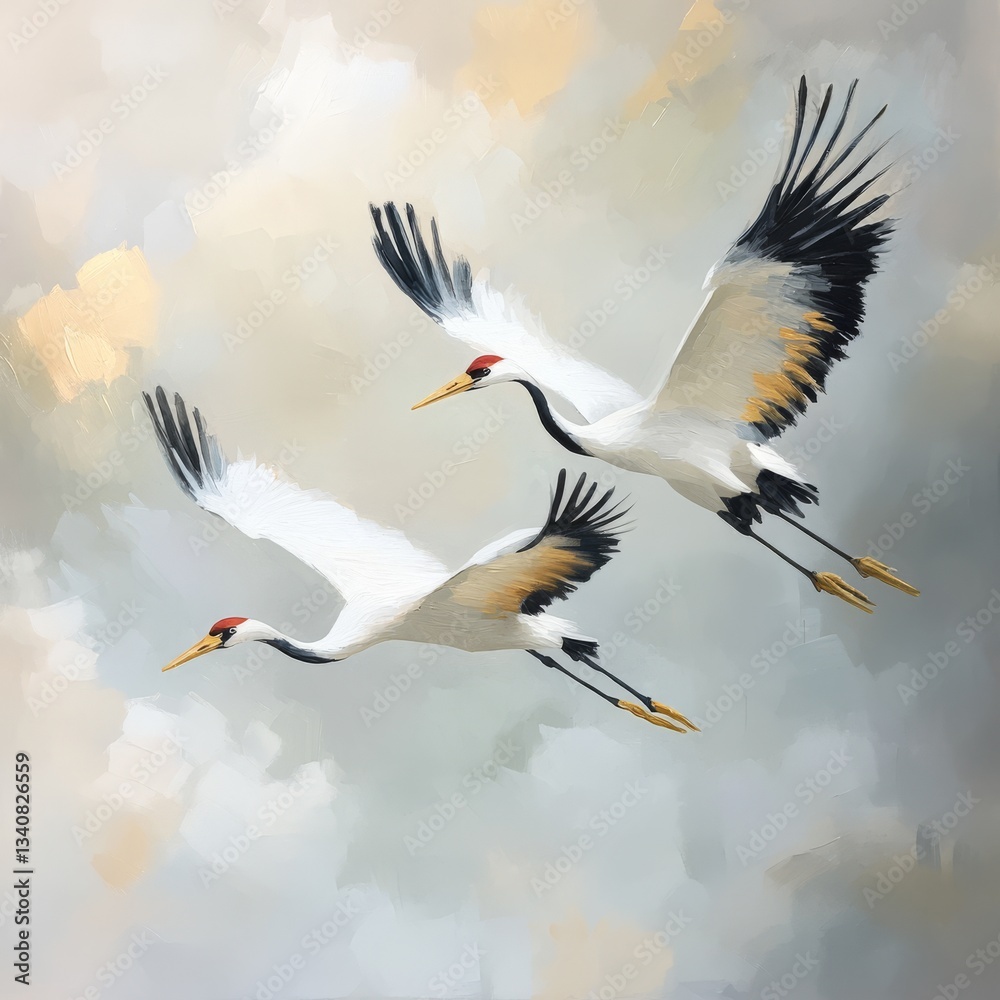Obraz premium Two white and gold cranes flying in the sky, Ai generated