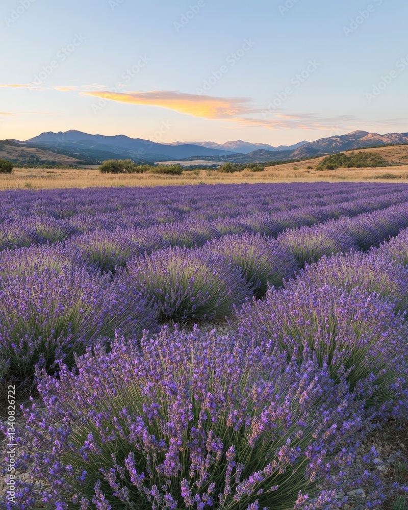 Obraz premium Lavender Field in Bloom at Sunset with Mountains in Background