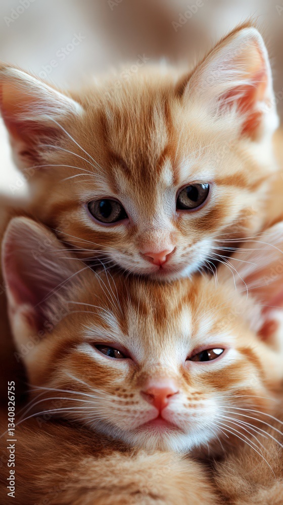Two adorable orange kittens cuddled closely in a warm cozy setting. Two adorable orange kittens cuddled closely in a warm cozy setting.