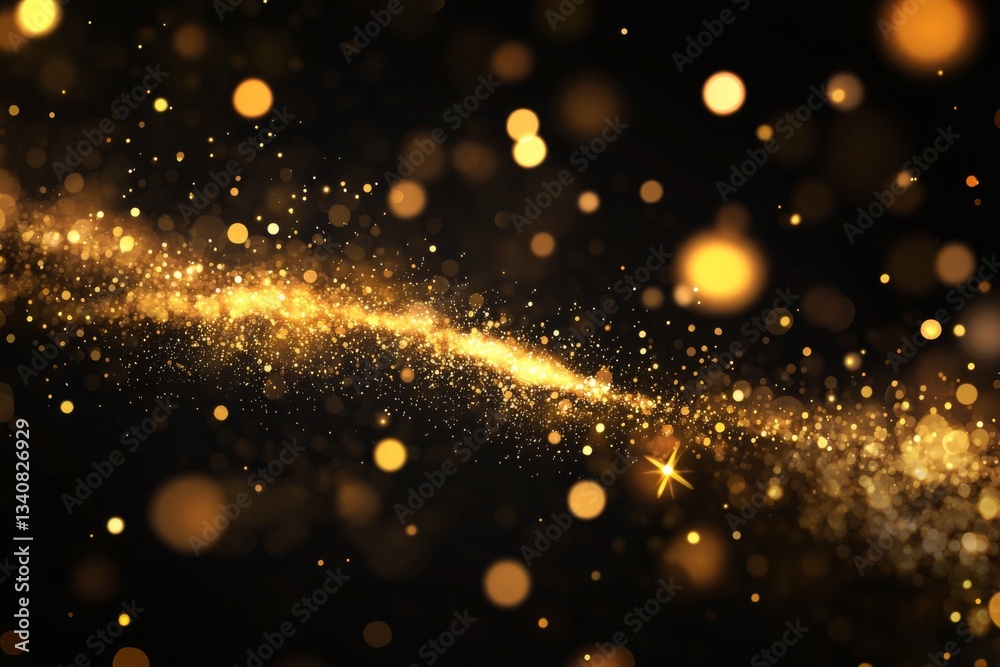 Abstract gold glitter light effect on a black background with bokeh and glowing lines. Abstract gold glitter light effect on a black background with bokeh and glowing lines.