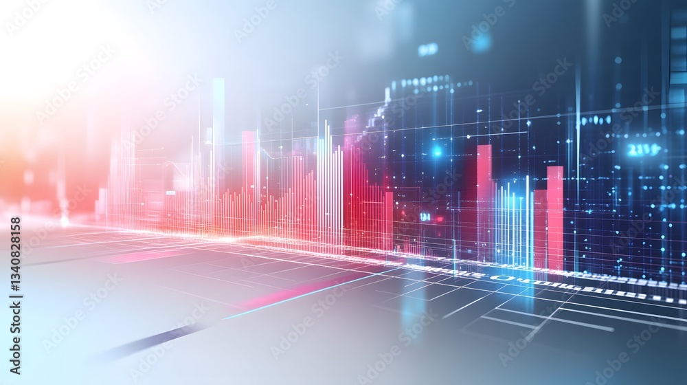 Naklejka premium Vibrant city skyline with bright blue and red background creating a dynamic urban landscape filled with energy