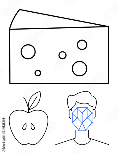 Outline of a cheese wedge with holes, apple with visible seeds, and human face showing facial recognition lines. Ideal for food, nutrition, biometrics, technology, health, identification simplicity