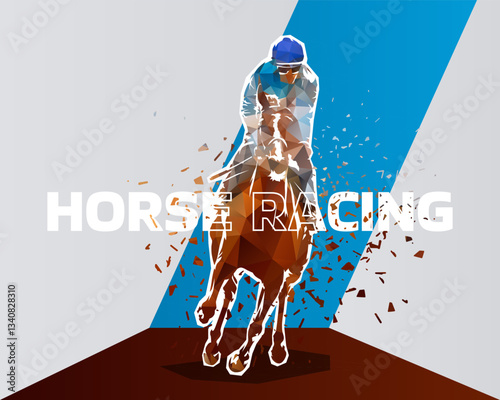 Horse racing design. Sports graphic design. Horseback rider, low poly vector illustration
