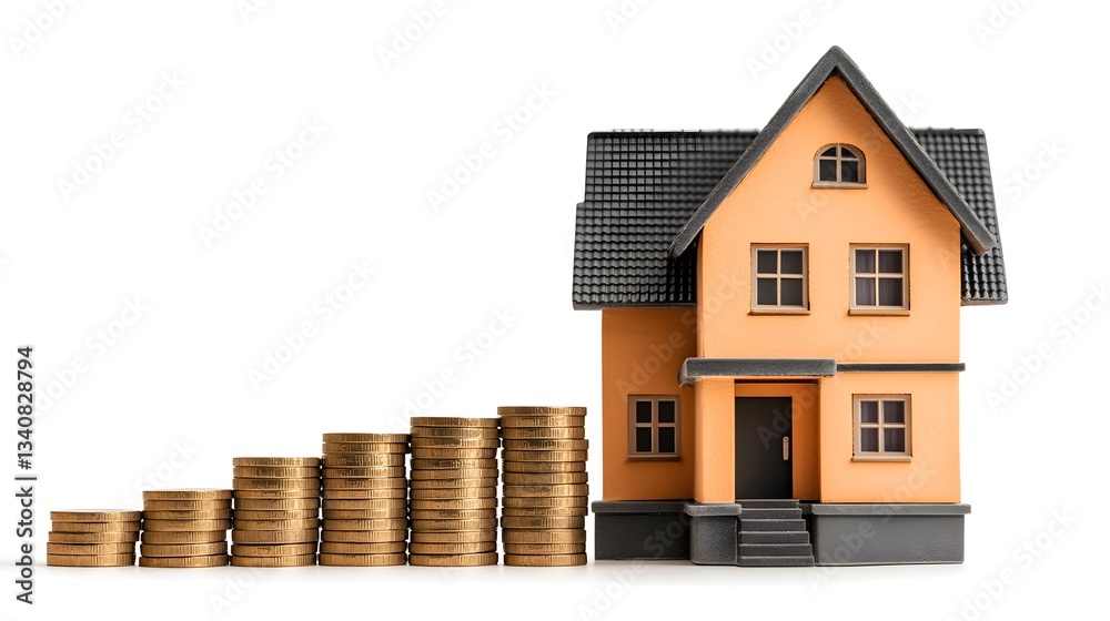A cozy house surrounded by stacks of coins symbolizing financial security and home ownership in a creative concept A cozy house surrounded by stacks of coins symbolizing financial security and home ownership in a creative concept
