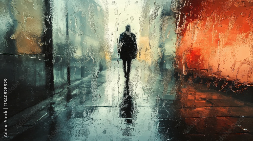 Obraz premium A solitary figure walks through a rain-soaked street, with vibrant colors and reflections creating a moody atmosphere.