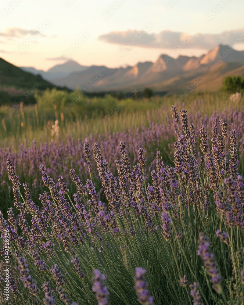 Fototapeta premium Lavender Field Blooming with Mountains Landscape at Dusk Serene Nature Scene