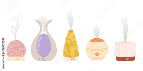 Set humidifier different shapes and sizes. Air diffuser. Device for humidifying. Purifier microclimate. Aroma lamp isolated on white background. 