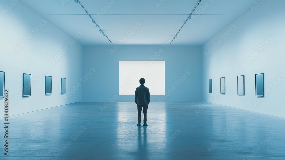 A person stands in a minimalist art gallery, gazing at a large blank screen, surrounded by framed pieces against a cool-toned interior.