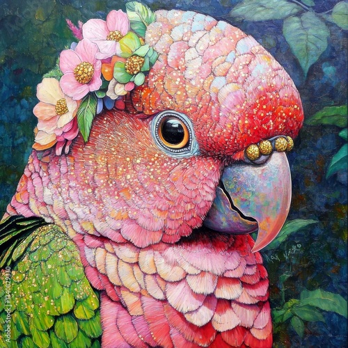 Oil painting of female galah parrot with colors, Ai generated