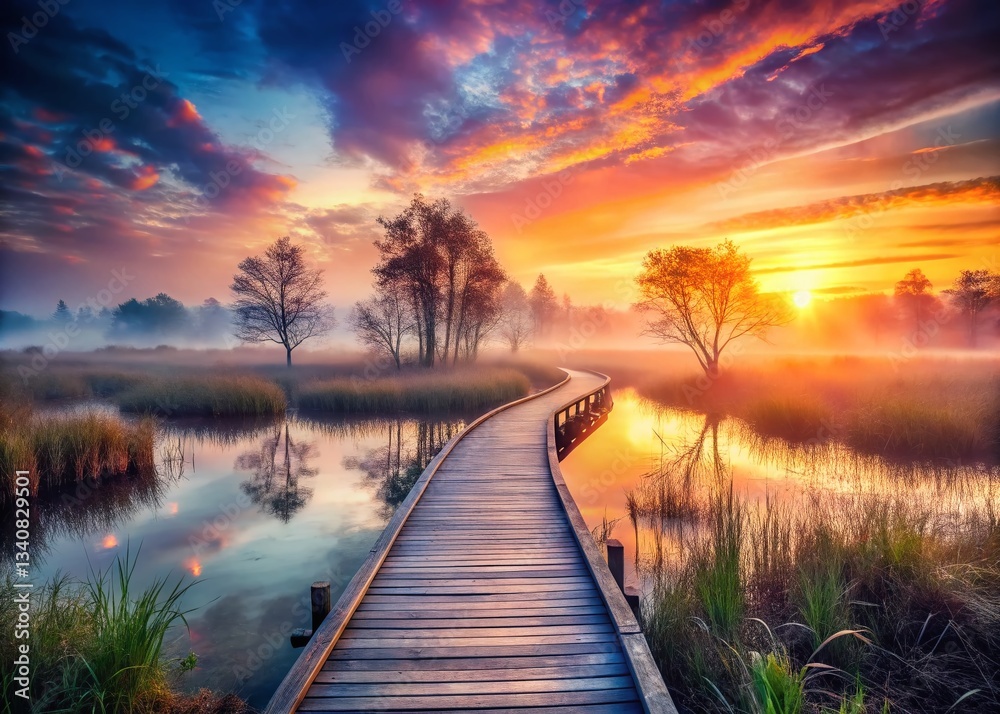 Naklejka premium Surreal Double Exposure: Boardwalk Over Misty Wetlands at Sunrise
