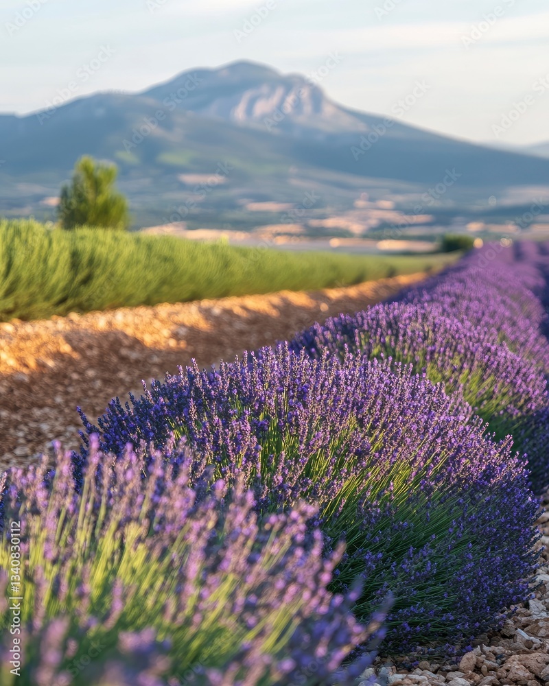 Obraz premium Lavender Field in Provence France with Mountain Backdrop at Daytime