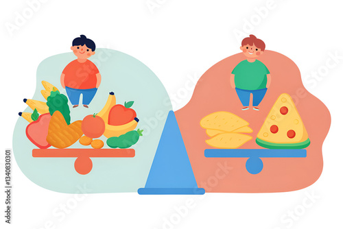 childhood obesity nutrition exercise community Two children balance healthy fruits and unhealthy foods on scales, illustrating dietary choices.