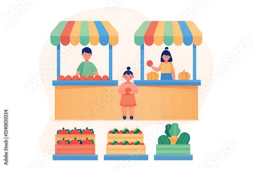 childhood obesity nutrition exercise community Colorful market scene with vendors selling fruits and vegetables, engaging a child in the process.