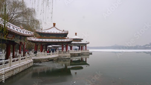 4k Video of the Beautiful Five Dragon Pavilion in Beihai Park, Beijing Showcasing Serene Winter Landscapes and Tranquil Waters