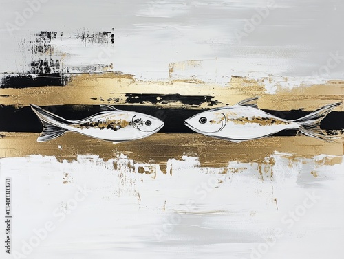 Surreal oil yellow brown and gold painting with two fishes, AI generated