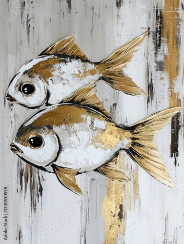 Surreal oil yellow brown and gold painting with two fishes, AI generated